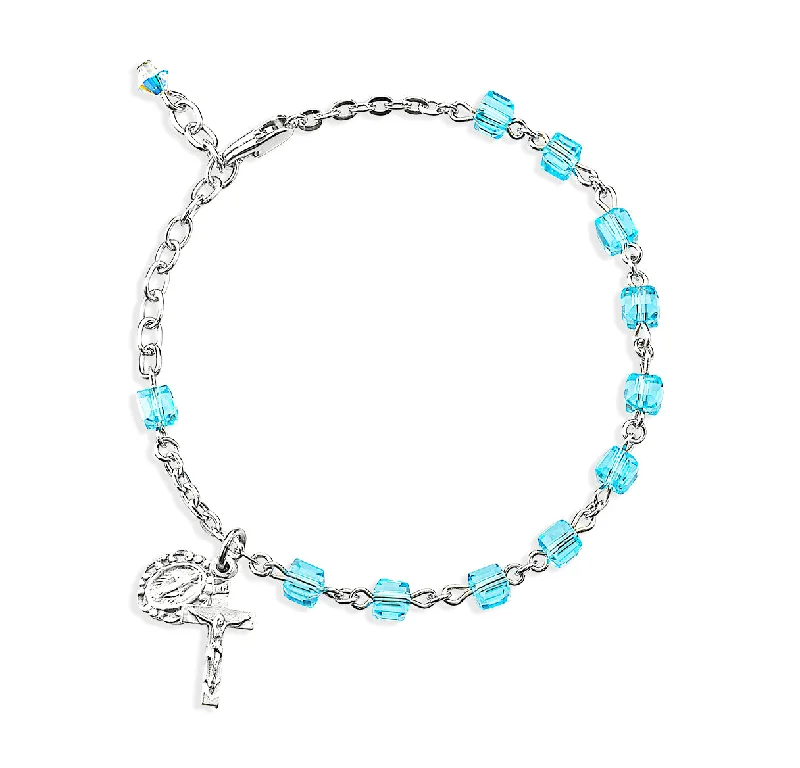 Women's cuff bracelets-Crystal Aqua Cube Bead Rosary Bracelet - BR8411AQ