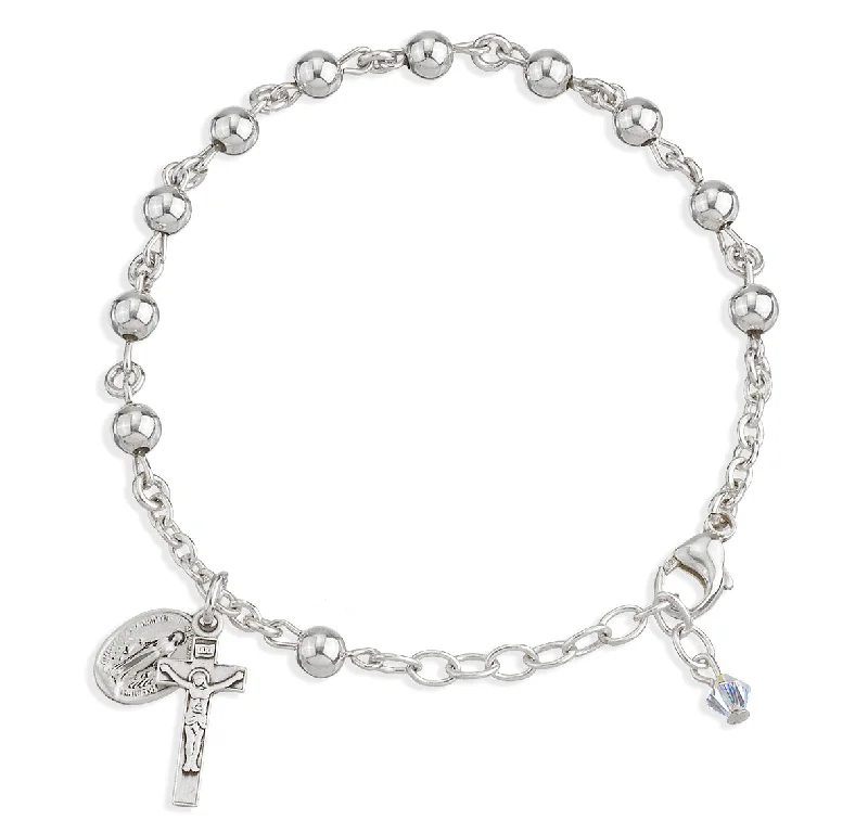 Women's spiritual bangles-High Polished Round Sterling Silver Rosary Bracelet - B8505