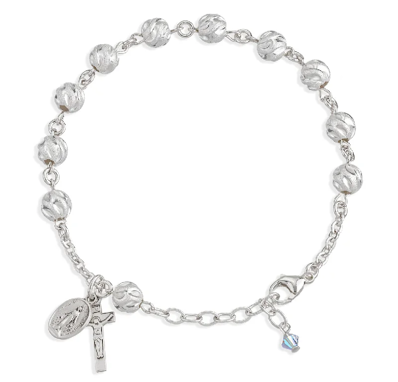 Women's spiritual bangles-Swirl Semi-Frosted Round Sterling Silver Rosary Bracelet - B8670