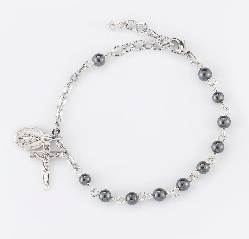 Women's stainless steel bangles-Genuine Hematite Round Rosary Bracelet - BR7400HT