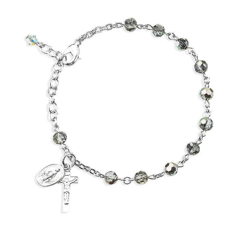 Women's religious bangles-Metallic Silver Round Faceted Crystal Rosary Bracelet - BR5050MS