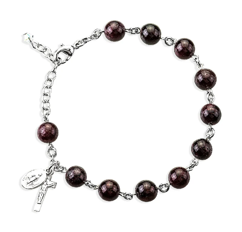 Women's mother-daughter bangles-Genuine Garnet Round Sterling Silver Rosary Bracelet - B7800GT