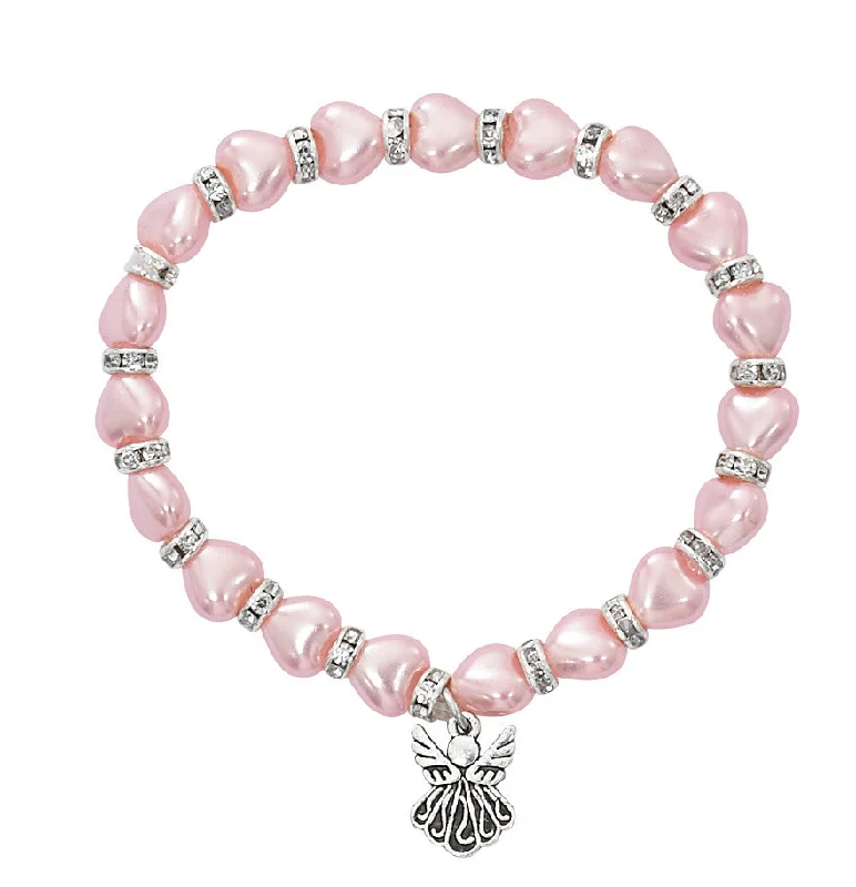 Women's Buddha bangles-5.5" PINK PEARL HEART BABY STRETCH BRACELET-B1019C