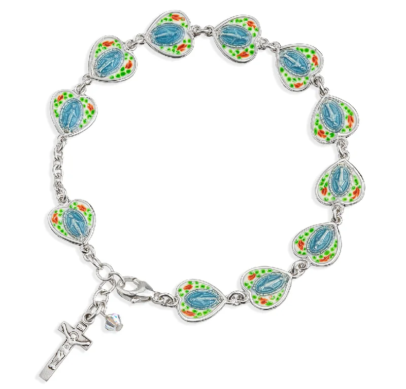 Women's sun bangles-Sterling Silver Cloisonné Enameled Miraculous Heart Rosary Bracelet - B8899