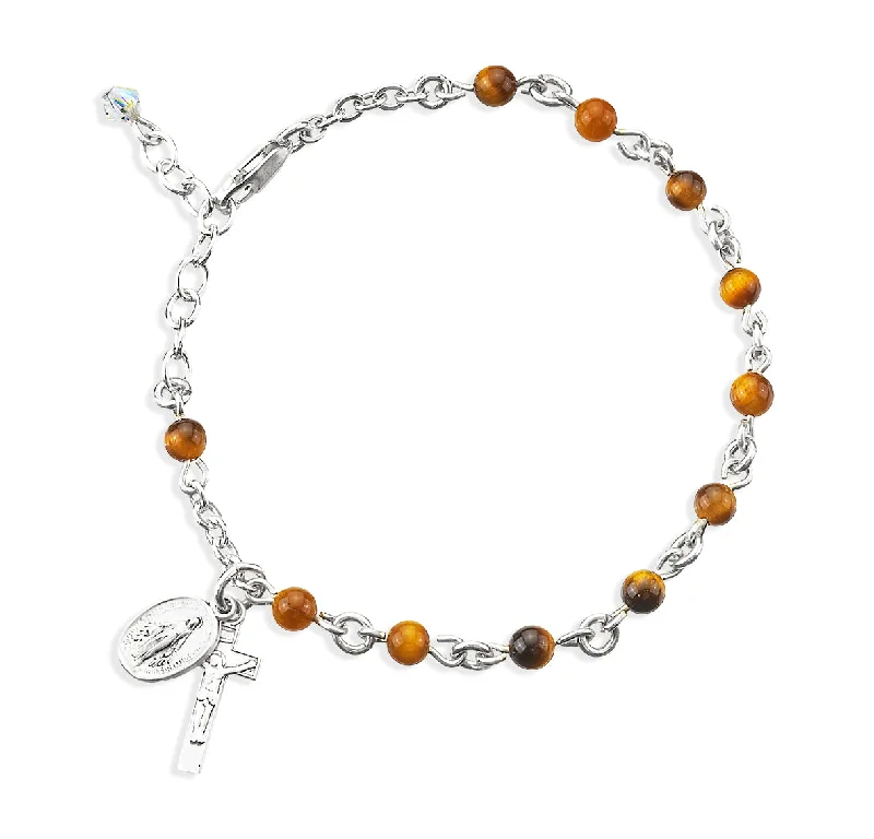 Women's everyday bangles-Genuine Round Tiger Eye Sterling Silver Rosary Bracelet - B7400TG