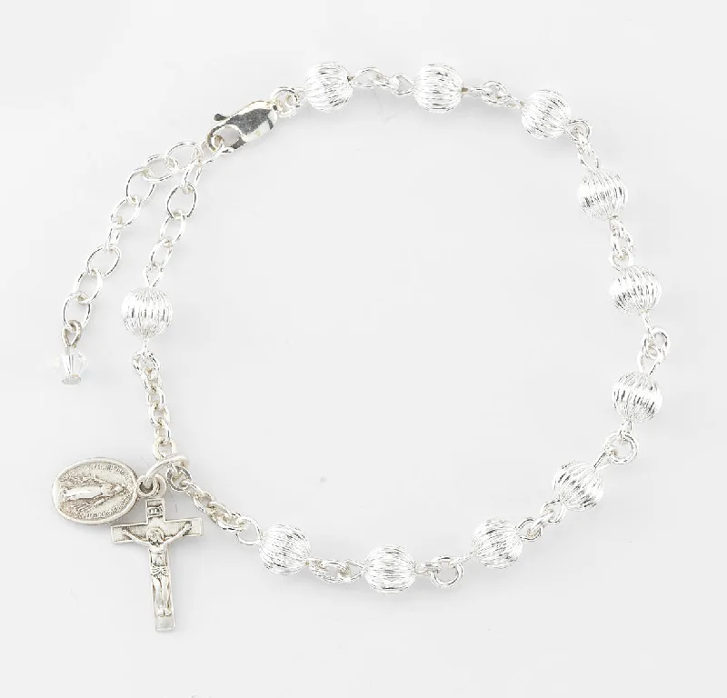 Women's heirloom bangles-Corrugated Embossed Round Sterling Silver Rosary Bracelet - B8510