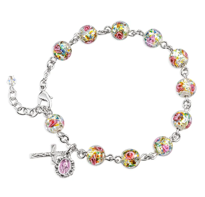 Women's sterling silver bangles-Rose Embedded Round Murano Glass Sterling Silver Rosary Bracelet - B7680