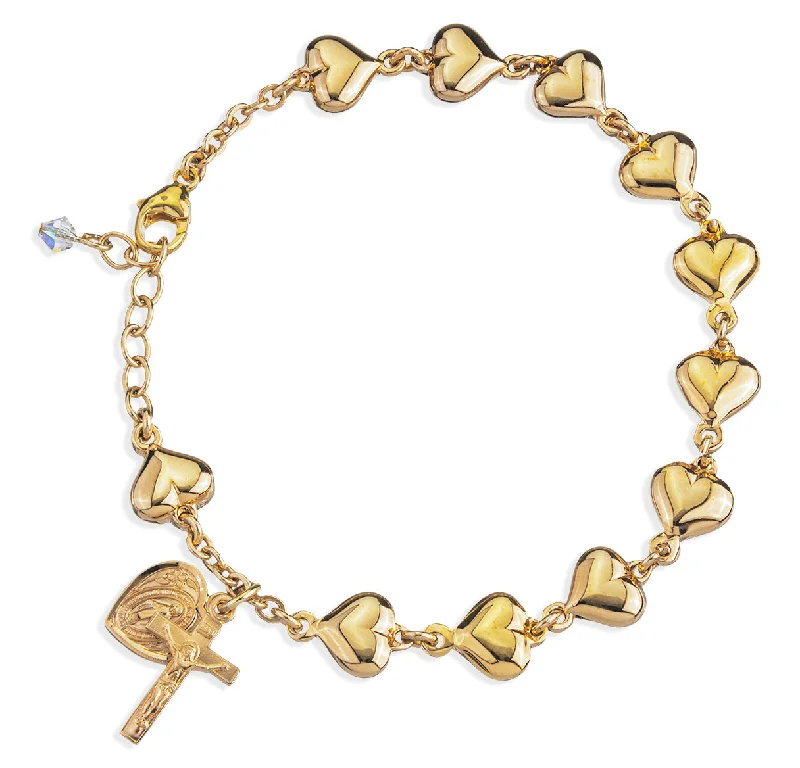 Women's eco-friendly bangles-Solid Gold Over Sterling Silver Polished Heart Rosary Bracelet - B8811GS