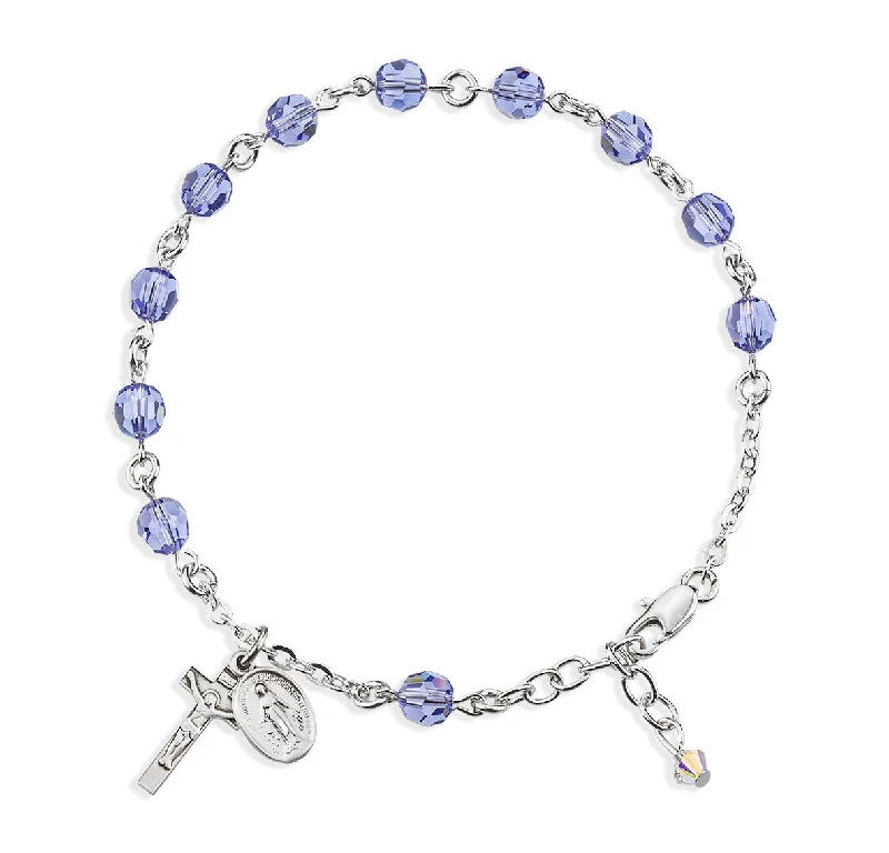 Women's ethical bangles-Sterling Silver Rosary Bracelet Created with 6mm Tanzanite Finest Austrian Crystal Round Beads by HMH - B8550TZ