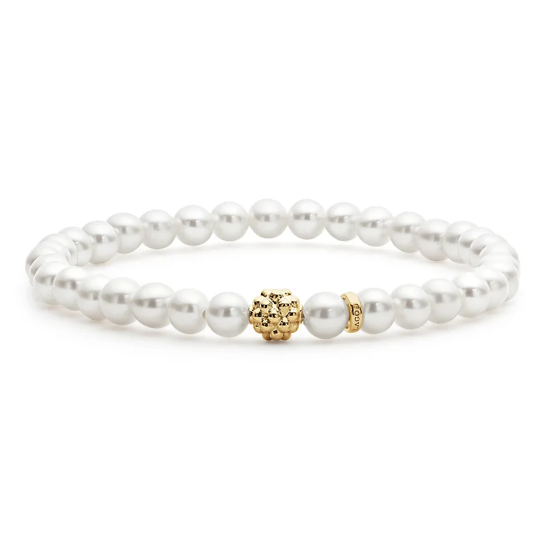 Women's formal bangles-Caviar Icon Pearl Gold Station Bead Bracelet