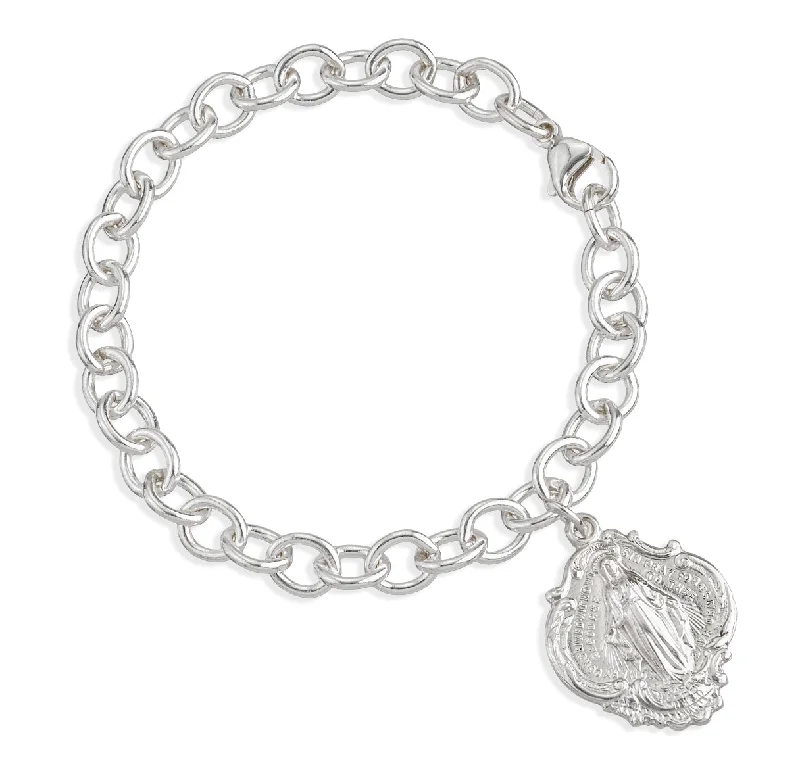 Women's limited edition bangles-Solid Sterling Silver Linked Bracelet with Hail Mary Miraculous Medal Charm - B8905HM