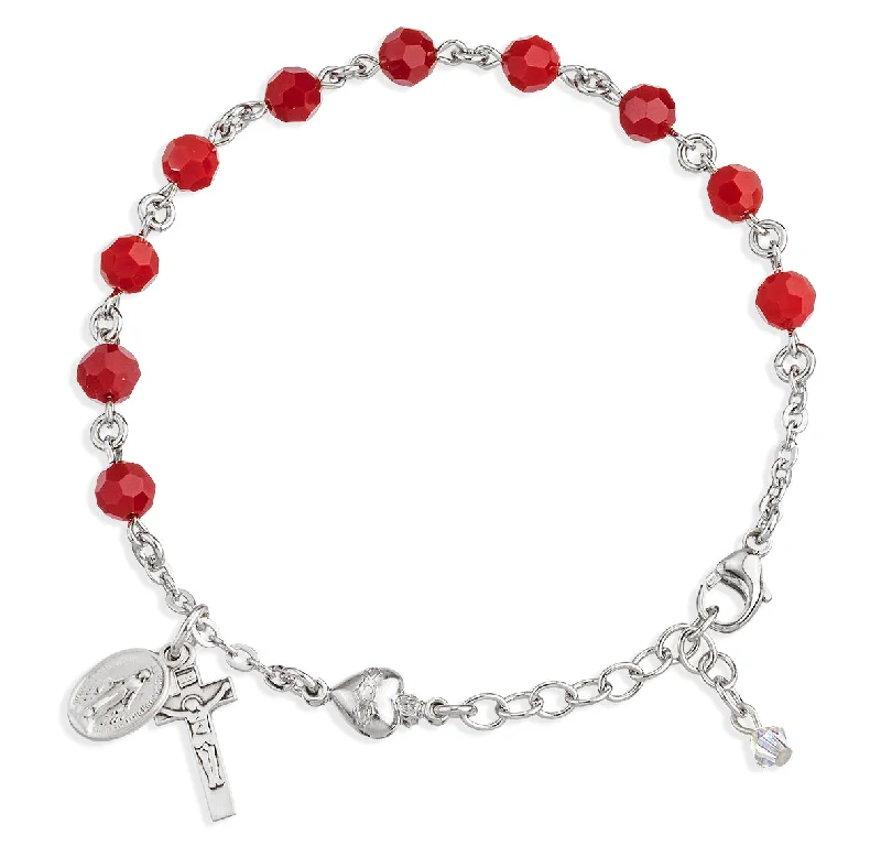 Women's cocktail bangles-Sterling Silver Rosary Bracelet Created with 6mm Coral Finest Austrian Crystal Round Beads by HMH - B8550SH