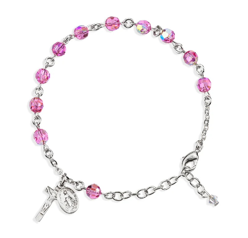 Women's custom design bangles-Sterling Silver Rosary Bracelet Created with 6mm Pink Finest Austrian Crystal Round Beads by HMH - B8550PK