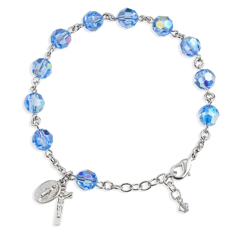 Women's friendship bangles-Sterling Silver Rosary Bracelet Created with 8mm Light Sapphire Finest Austrian Crystal Round Beads by HMH - B8100LS