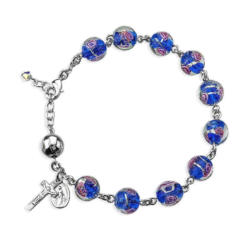 Women's elegant bangles-Venetian Style Round Blue with Pink Rose Embedded Glass Bead Rosary Bracelet - BR7880