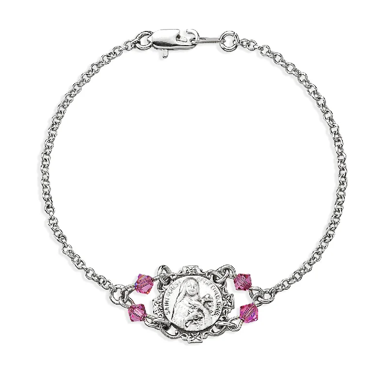 Women's celestial bangles-Sterling Silver St. Therese Medal with Fine Crystal Pink Beads on Platinum Plated Rolo Bracelet 7 1/2" - BRS3631R