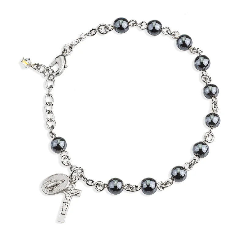 Women's crystal bangles-Genuine Hematite Round Rosary Bracelet - BR7600HT