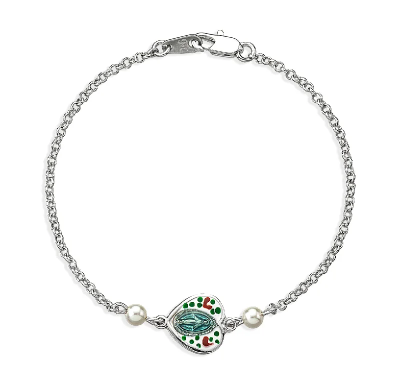 Women's moon phase bangles-Sterling Silver Heart Miraculous Medal with Painted Flowers and Glass Pearls on Platinum Plated Rolo Chain Bracelet 7 1/2" - BRS3160EWR