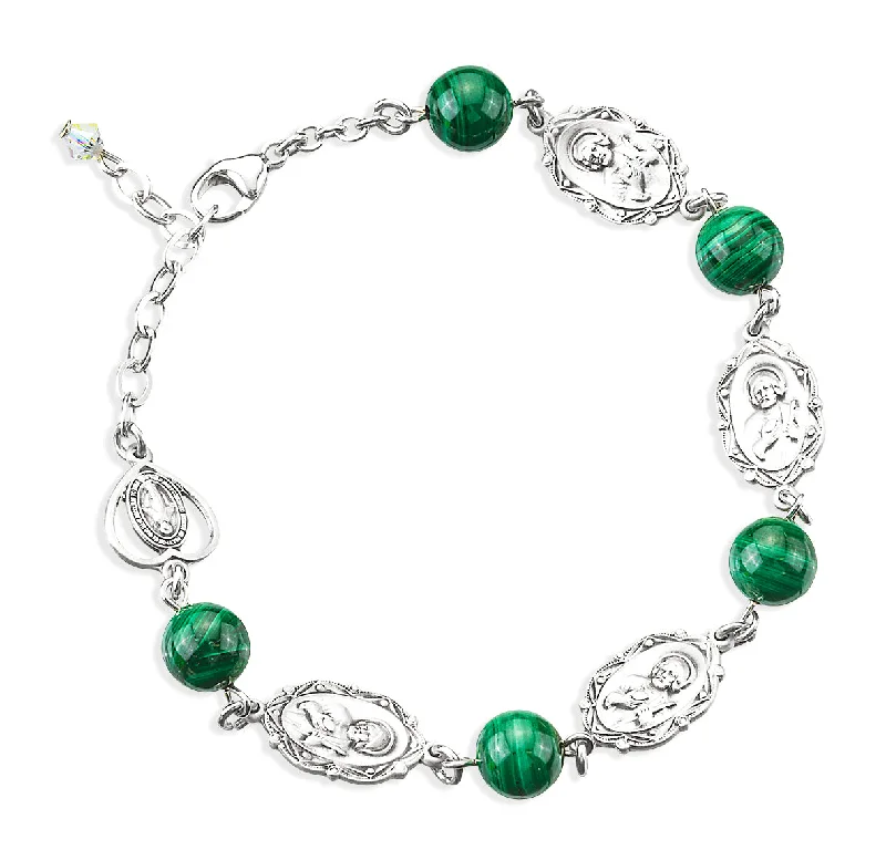 Women's Buddha bangles-Malachite Round Saint Jude Sterling Silver Rosary Bracelet - B76203607