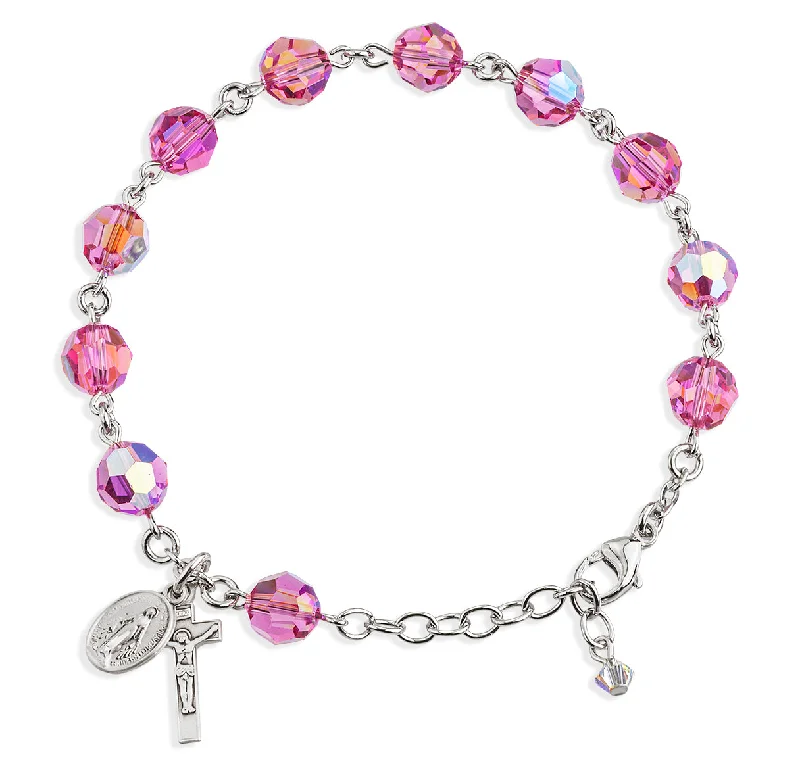 Women's DNA bangles-Sterling Silver Rosary Bracelet Created with 8mm Pink Finest Austrian Crystal Round Beads by HMH - B8100PK