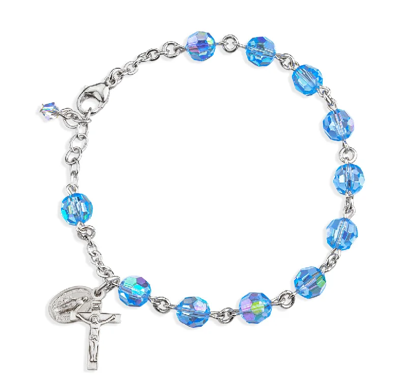 Women's bridal bangles-Sterling Silver Rosary Bracelet Created with 7mm Light Sapphire Finest Austrian Crystal Round Beads by HMH - B8000LS