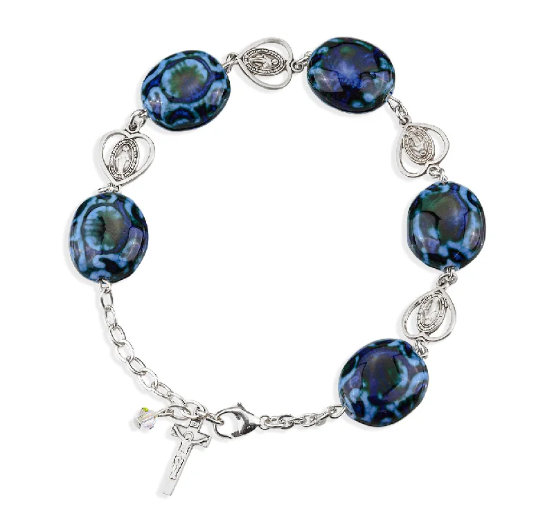 Women's zodiac bangles-Dark and Light Blue Porcelain Pierced Heart Miraculous Sterling Silver Rosary Bracelet - B79503160