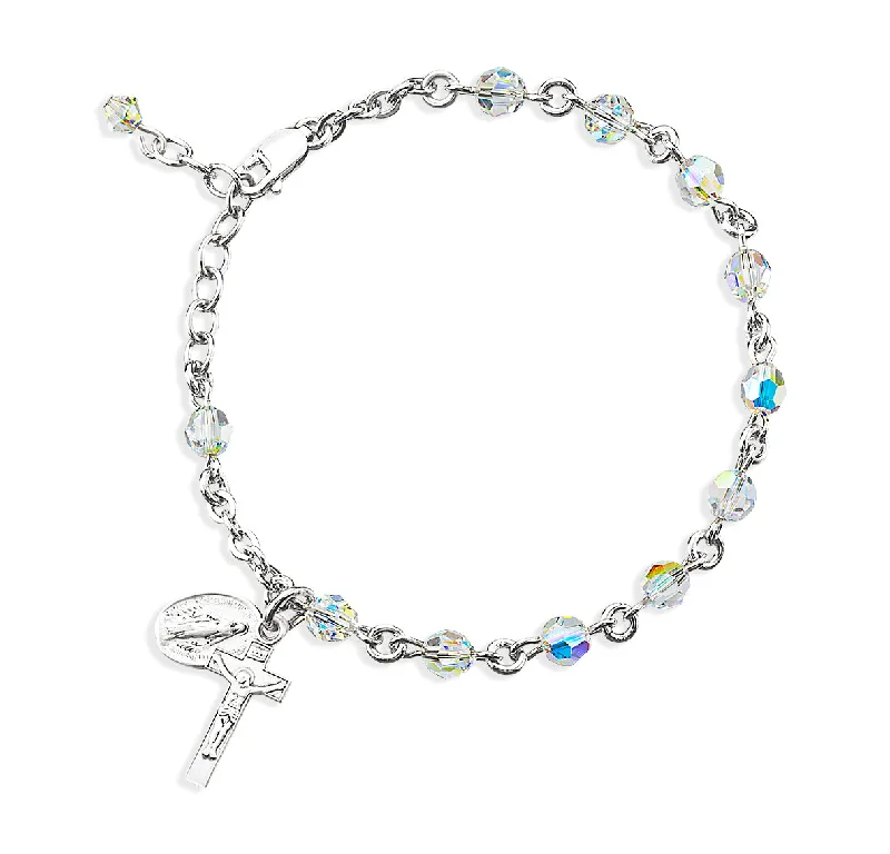 Women's sustainable bangles-Sterling Silver Rosary Bracelet Created with 5mm Aurora Borealis Finest Austrian Crystal Round Beads by HMH - B8555CR