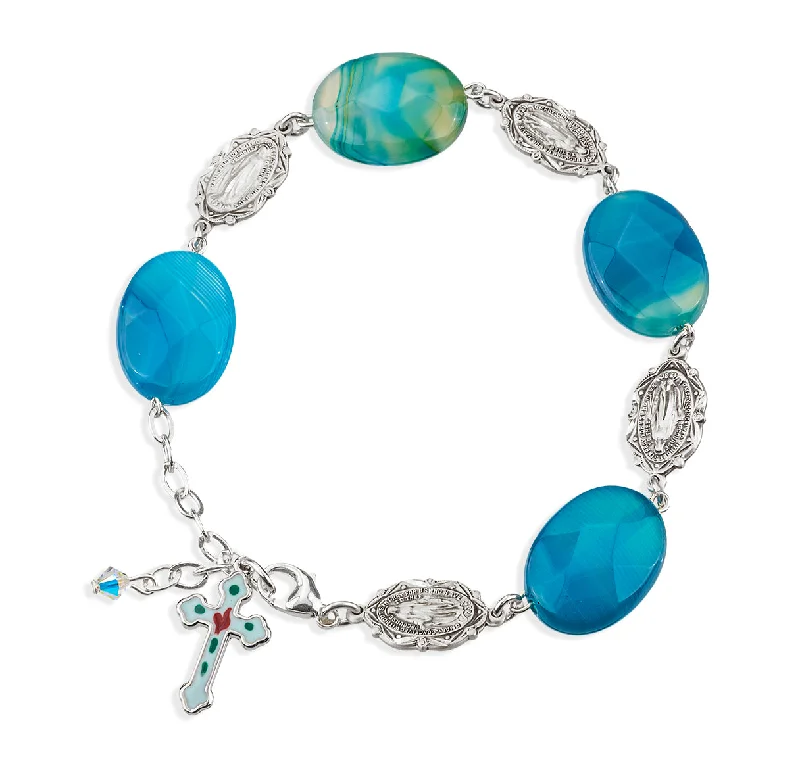 Women's photo bangles-Blue Agate Faceted Stone with Sterling Silver Miraculous Medals Rosary Bracelet - B7900BA8866