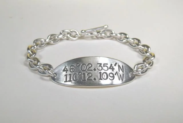 Women's luxury gift bangles-Sterling Silver ID Bracelet w/ Latitude & Longitude, Large Text