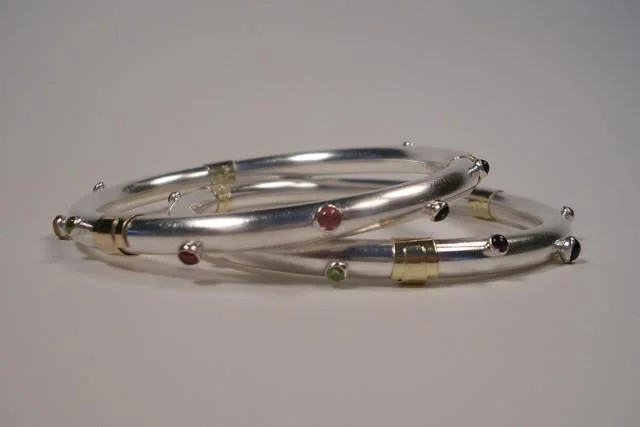 Women's cross bangles-Sterling Silver with Gold Wrap and Cabochons Bangle Bracelet