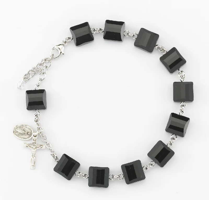 Women's friendship bangles-Rosary Bracelet Created with 10mm Jet Black Finest Austrian Crystal Multi-Facted Square Beads by HMH - BR5624JT