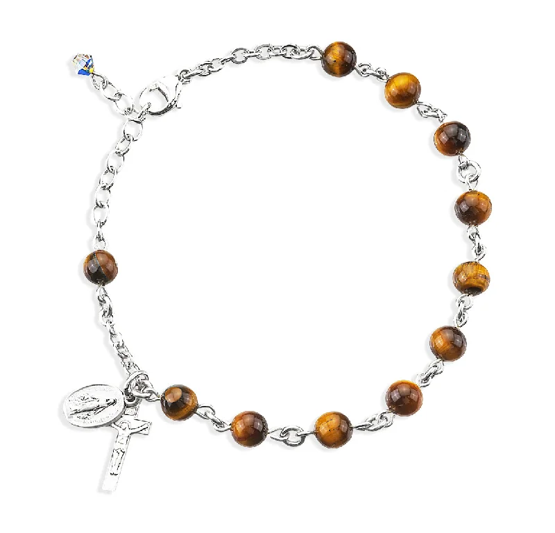 Women's family bangles-Genuine Tiger Eye Round Sterling Silver Rosary Bracelet - B7600TG