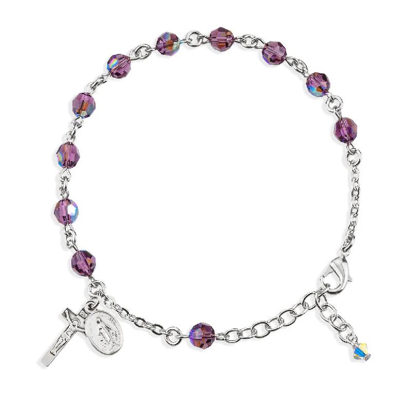 Women's custom engraving bangles-Rosary Bracelet Created with 6mm Amethyst Finest Austrian Crystal Round Beads by HMH - BR8550AM