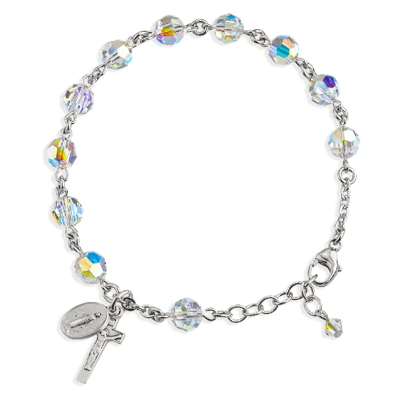 Women's casual bangles-Sterling Silver Rosary Bracelet Created with 7mm Aurora Borealis Finest Austrian Crystal Round Beads by HMH - B8000CR