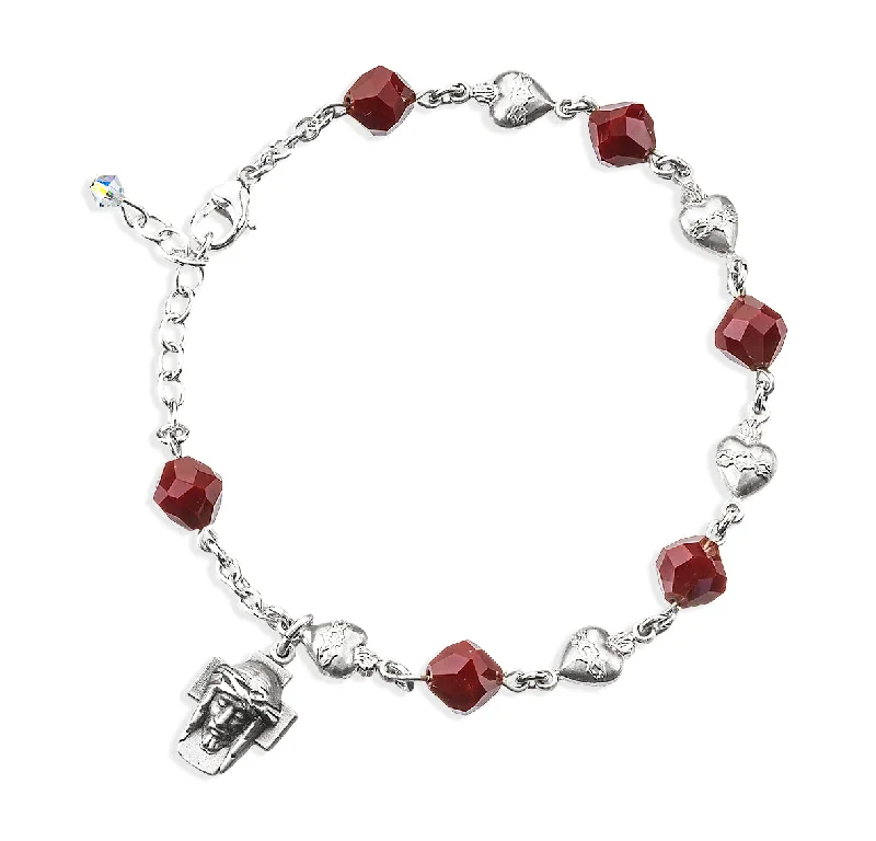 Women's Christmas bangles-Red Coral Faceted Crystal Sacred Heart Bead Sterling Silver Rosary Bracelet - B53808877GA