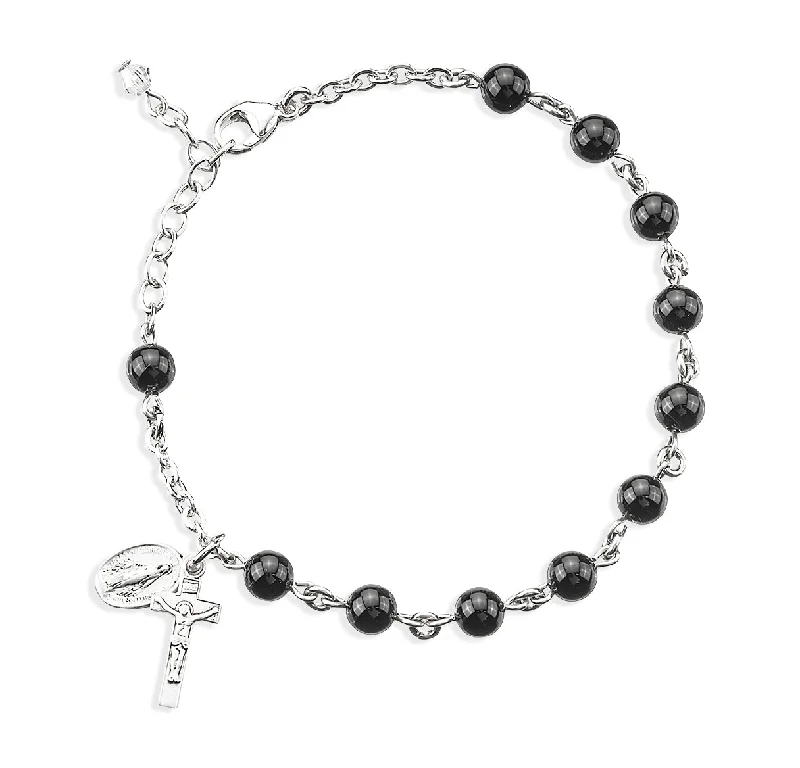 Women's party bangles-Genuine Onyx Round Sterling Silver Rosary Bracelet - B7600OX