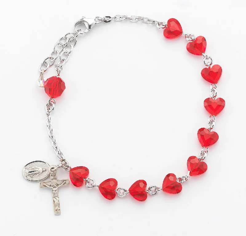 Women's Christmas bangles-Sterling Silver Rosary Bracelet Created with 8mm Red Finest Austrian Crystal Heart Shape Beads by HMH - B5741RD