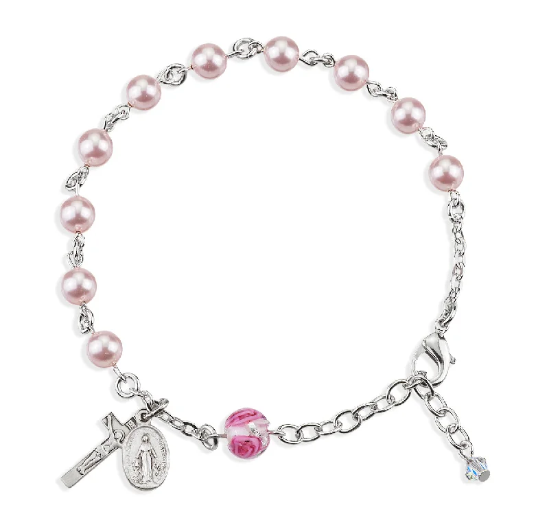 Women's luxury gift bangles-Rosary Bracelet Created with 6mm Pink Finest Austrian Crystal Pearl Beads by HMH - BR690PK