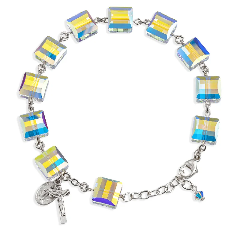 Women's minimalist bangles-Sterling Silver Rosary Bracelet Created with 10mm Aurora Borealis Finest Austrian Crystal Square Beads by HMH - B5624CR