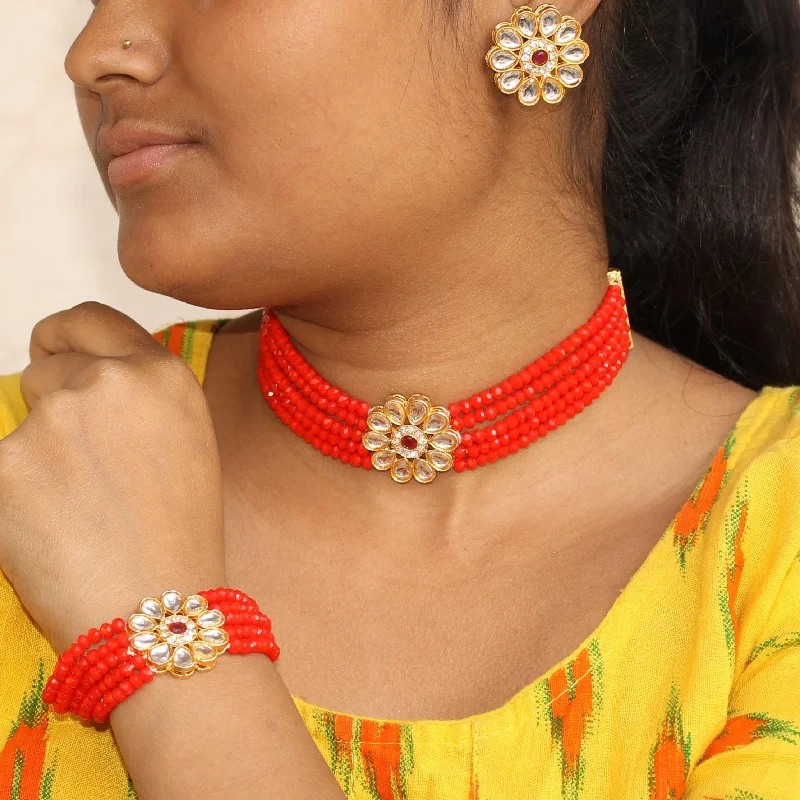 Women's cocktail bangles-Glass Crystal Beaded Kundan Choker, Bracelet and Earring