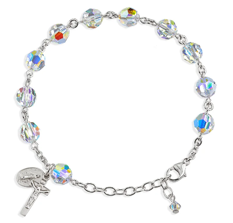 Women's family bangles-Sterling Silver Rosary Bracelet Created with 8mm Aurora Borealis Finest Austrian Crystal Round Beads by HMH - B8100CR