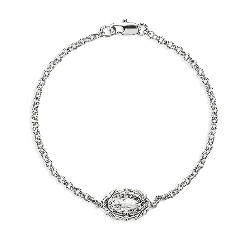 Women's fashion bangles-Sterling Silver Miraculous Medal on Platinum Plated Rolo Chain Bracelet 7 1/2" - BRS3602R