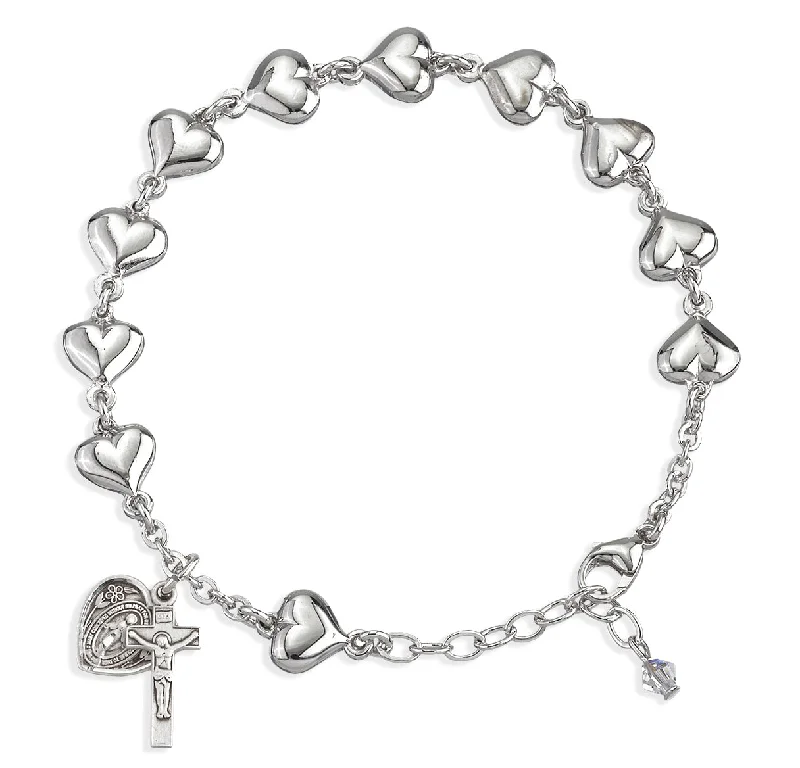 Women's leather bangles-Heart Shape Sterling Silver Rosary Bracelet - B8811