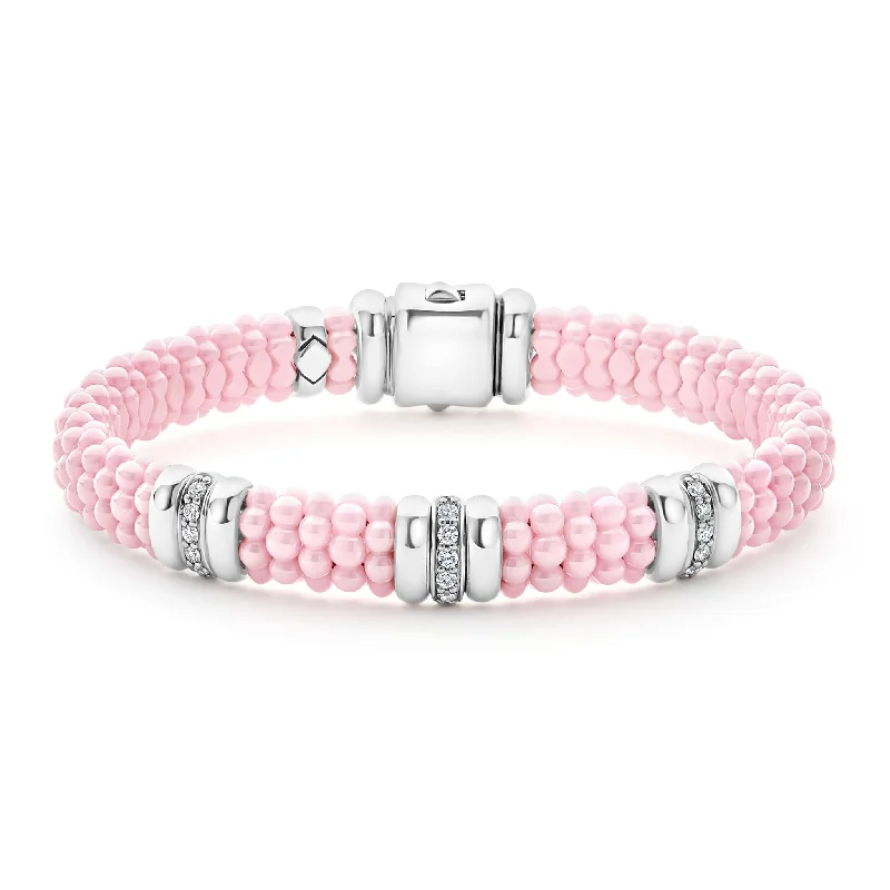 Women's investment bangles-Pink Caviar Pink Three Station Diamond Caviar Bracelet | 9mm